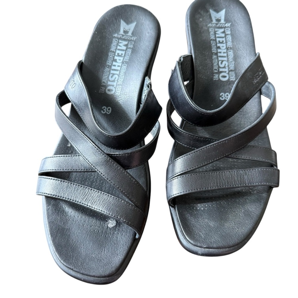Mephisto Sandals Sz 39 US 8 Black Slides Strappy Block Heel Comfort Shoe